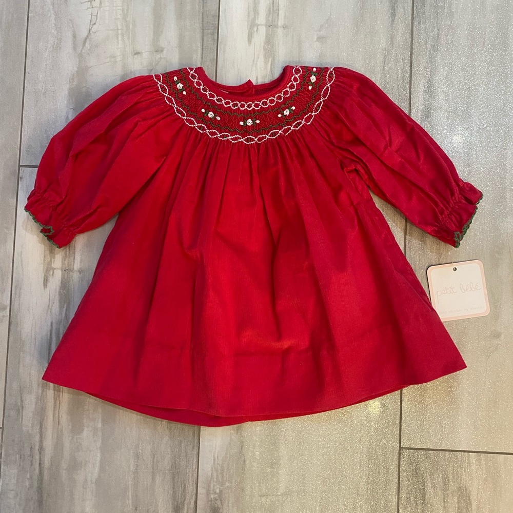 NWT Petit Bebe Red Corduroy Smocked Rachel Long Sleeve Bishop Dress, girls 6M